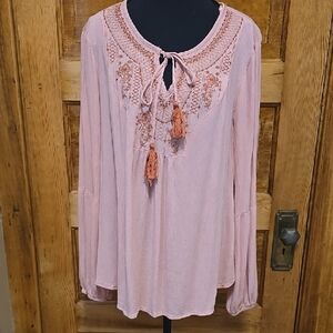 Knox Rose Blush Bohemien Embroidered Long Sleeve Tassel Blouse L